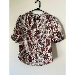 Joie Red Cream Floral Linen Blend Puff Sleeve Blouse Small cottagecore‎ peasant